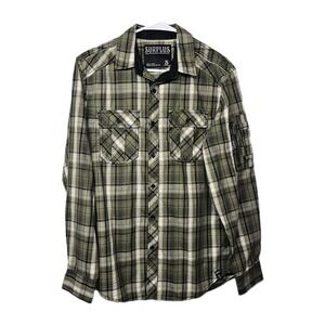 Surplus Shirt Mens Small Green Plaid Button Up Long Sleeve Casual Zipper Pockets
